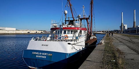 The British trawler kept by French authorities docks at the port in Le Havre, western France. (Photo | AP)