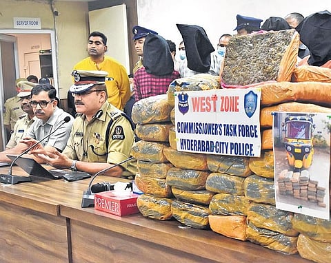 Hyderabad Police Commissioner Anjani Kumar addresses a press meet following the seizure of 70 kg of ganja by the Task Force.