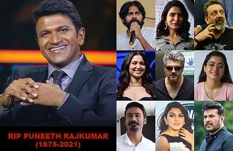 Kannada actor Puneeth Rajkumar passed away on Friday, October 29, 2021, after suffering a massive cardiac arrest while working out in the gym in the morning. Film stars from across the country paid tribute to the 'Power Star'. Here are some of their reactions to the sudden demise of 'Appu'. (Photo | EPS and PTI)