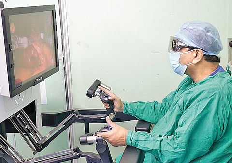 Dr Sreejoy Patnaik demonstrating a robotic surgery procedure  | Express