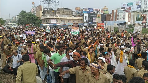 Drivers from different districts of Odisha staging demonstration at Station Square in Bhubaneswar on Friday | Biswanath Swain