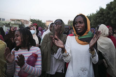 People protest in Khartoum, Sudan, two days after a military coup, Wednesday, Oct. 27, 2021