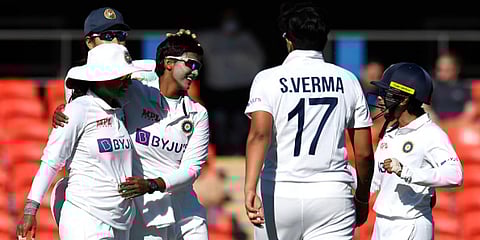 Indian women all-rounder Deepti Sharma celebrates her first wicket with the pink ball. (Photo| Twitter/ @BCCIWomen)