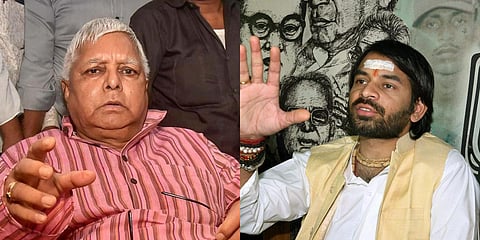 Former Bihar CM Lalu Prasad Yadav (L) and son Tej Pratap. (File photo| PTI)
