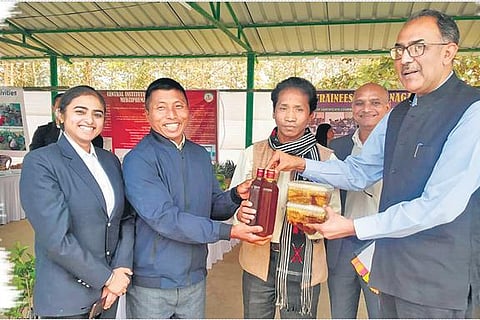 Hangthing with his produce at a function with Noklak SP Pritpal Kaur