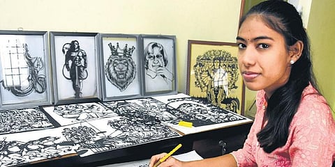 Jyotsna, an engineering graduate re-creates key episodes from Mahabharata using stencil art in Tirupati. (Photo| Madhav K, EPS)