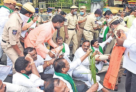 Police arrest BJP Kisan Morcha workers staging a protest near the Agriculture Commissioner’s office in Hyderabad | RVK Rao