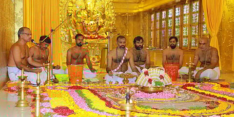 Priests conducting rituals at the Kubera Temple at Chalavara near Shoranur in Palakkad district which will be opened to the public on November 1. (Photo| EPS)