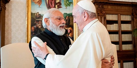 India's Prime Minister Narendra Modi, left, and Pope Francis hug on the occasion of their private audience at the Vatican, Saturday, Oct. 30, 2021. Modi is in Rome for the G20 summit. (Photo | AP)