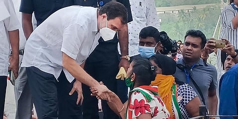 Congress leader Rahul Gandhi interacts with fisherfolk during a public meeting at Velsao, in Goa, Saturday, Oct. 30, 2021. (Photo | PTI)