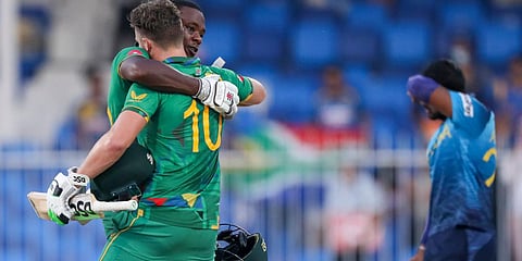South Africa's David Miller and teammate Kagiso Rabada embrace after defeating Sri Lanka in a T20 World Cup match in Sharjah. (Photo| AP)
