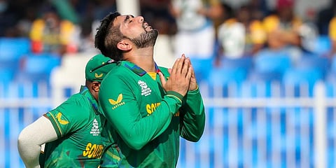 South Africa's Tabraiz Shamsi reacts after taking the wicket of Sri Lanka's Wanindu Hasaranga during the Cricket Twenty20 World Cup match in Sharjah, UAE, Oct 30, 2021. (Photo | AP)