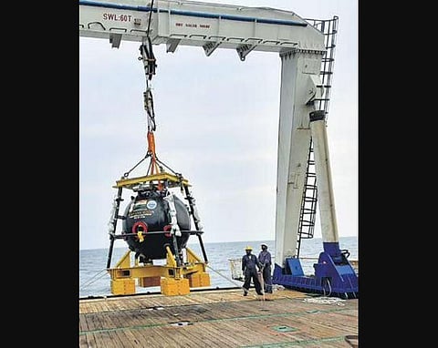 Scientists deploy sphere-shaped replica of MATSYA-6000 during demonstration trails off Chennai coast. (Photo | Special arrangement)
