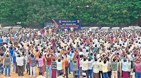 District SP Siddharth Kaushal held an anti-smuggling drive for repeat offenders at Makineni Basava Punnaiah Stadium in Vijayawada on Friday I P Ravindra Babu