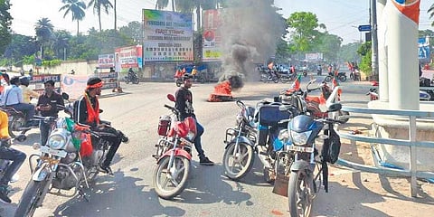 BJP activists during the 12-hour bandh in Balasore on Saturday. (Photo | EPS)
