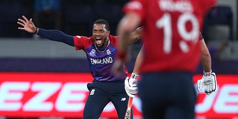 England's Chris Jordan appeals for the wicket of Australia's captain Aaron Finch during the Cricket Twenty20 World Cup match between Australia and England in Dubai, UAE, Oct. 30, 2021. (Photo | AP)