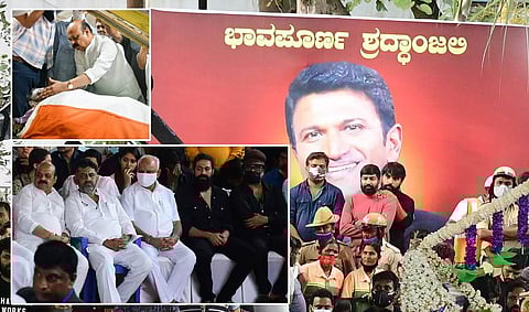 Kannada actor Puneeth Rajkumar, who had died of a massive heart attack at an early age on Friday, was laid to rest at Sree Kanteerava Studios in Bengaluru. (Photo | Shriram BN, EPS)