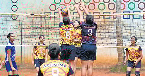A training session in progress at the Volley Friends Sports Centre at Payambra in Kozhikode. (Photo | T P Sooraj, EPS)