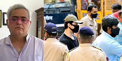 Director Hansal Mehta (L) and  Aryan Khan outside the NCB office in Mumbai. (Photo| PTI)
