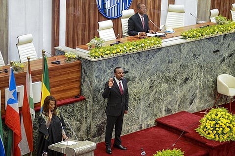 Ethiopia's Prime Minister Abiy Ahmed is sworn in for a second five-year term, at the House of Peoples Representatives in the capital Addis Ababa. (Photo | AP)