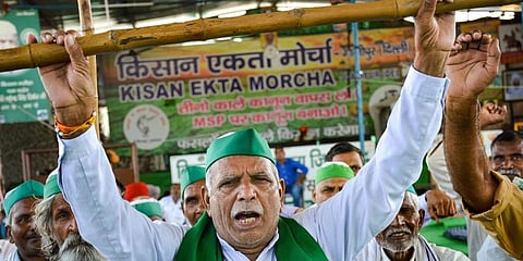 Farmers stage a protest over the Lakhimpur Kheri incident, in Ghazipur district, Monday, Oct. 4, 2021. (Photo | PTI)