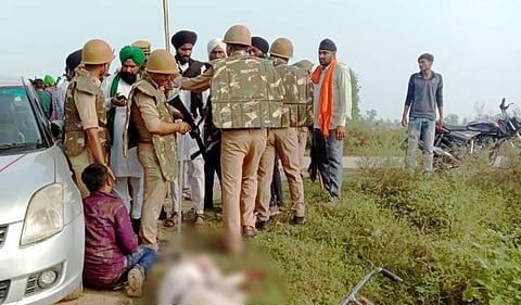 Security personnel keep vigil after violence broke out after farmers agitating were allegedly run over by a vehicle in the convoy of a union minister. (Photo | PTI)