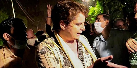 Congress general secretary Priyanka Gandhi on way reach to meet victims of violence that erupted during a farmers' protest in Lakhimpur Kheri, Monday, Oct. 4, 2021.  (Photo | PTI)