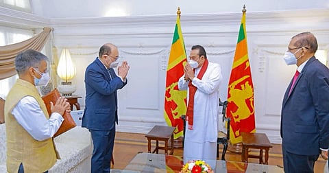 Indian Foreign Secretary Harsh Vardhan Shringla with Sri Lanka PM Mahinda Rajapaksa (Photo | Mahinda Rajapaksa, Twitter)