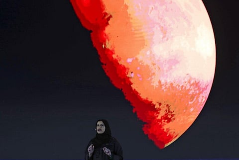 Sarah Al Amiri, Emirati Minister of State for Advanced Sciences and Deputy Project Manager of the Emirates Mars Mission speaks ahead of broadcast of Hope Probe, in Dubai, UAE.  (Photo | AP)