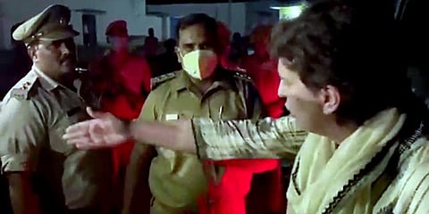 Congress General Secretary Priyanka Gandhi Vadra being detained by police on her on the way to Lakhimpur Kheri. (Photo | ANI)