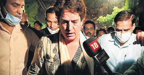 Congress leader Priyanka Gandhi Vadra and other party leaders who were blocked while going to Lakhimpur Kheri, on Monday | PTI