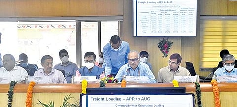SCR General Manager Gajanan Mallya interacts with MPs and other senior officials during a meeting on Secunderabad and Hyderabad divisions at Rail Nilayam in Secunderabad on Tuesday | S Senbagapandiyan