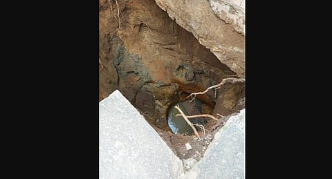 Pic of sink hole that occurred last week when Bhadra was tunnelling from.Venkateshpura to Tannery Road Metro stations. (Photo | Express)