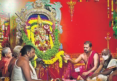 Goddess Kanaka Durga will adorn the avatar of  Sri Bala Tripura Sundari Devi, on the second day of Dasara on Friday. (Photo | Express)