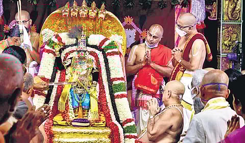 Lord Malayappa Swamy rides China Sesha Vahanam on Friday. (Photo | Express)