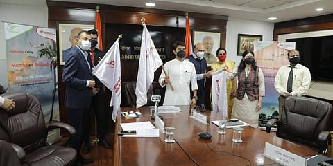 Jyotiraditya Scindia flags off the first flight from Sindhudurg Airport on Friday, Oct 9, 2021. (Photo | Twitter, JM Scindia)