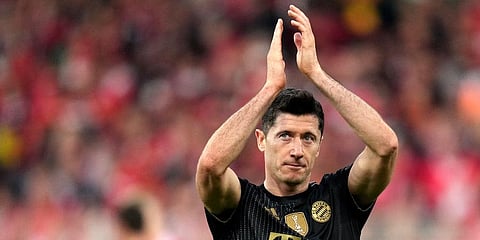 Bayern's Robert Lewandowski applauds at the end of the German Bundesliga football match between 1. FC Union Berlin and FC Bayern Munich in Berlin, Germany, Saturday, Oct. 30, 2021. (Photo | AP)