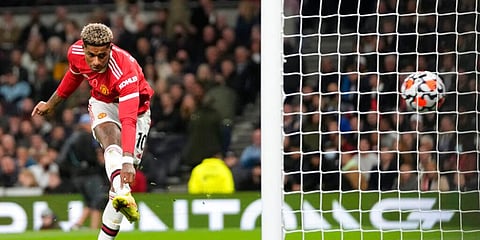 Manchester United's Marcus Rashford scores a goal. (Photo | AP)