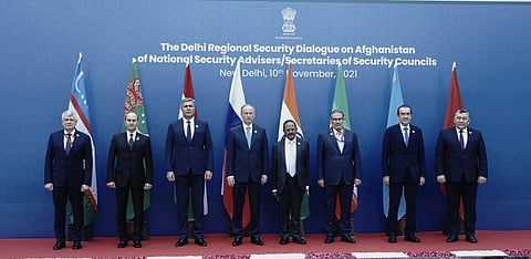 NSAs of 8 countries at Regional Security Dialogue on Afghanistan. (Photo | Twitter/MEAIndia)
