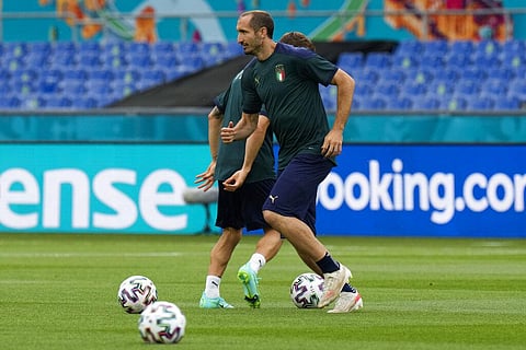 FILE - Italy's Giorgio Chiellini plays the ball during a training session of the national soccer team at the Olympic stadium in Rome. (Photo | AP)