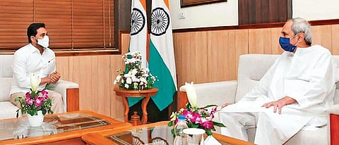 Naveen Patnaik and YS Jagan Mohan Reddy in talks at Lok Seva Bhawan, in Bhubaneswar