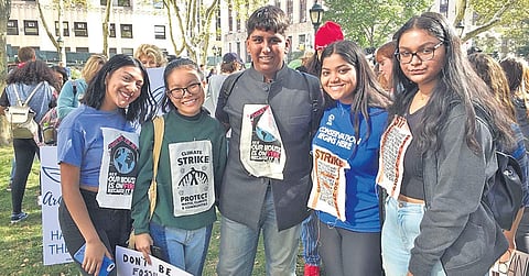 Aditya Mukarji (third from left) participating in a march along with fellow environmental activists at the New York City’s Global Climate Strike