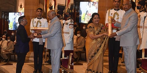 (Left)SPB's son Charan receives Padma Vibushan on behalf of his father; (Right) Singer Chitra receives Padma Bhushan (Photo | Twitter)