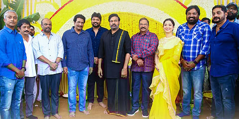 Tamannaah Bhatia and megastar Chiranjeevi at the muhurat puja of 'Bholaa Shankar'. (Photo| Twitter)