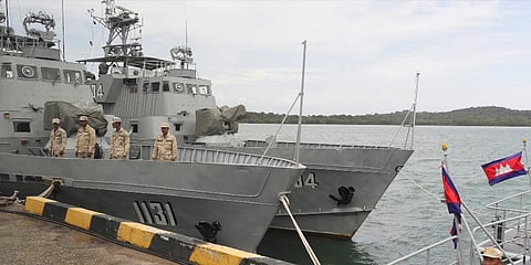 Cambodian navy crew stand on a patrol boat at the Ream Naval Base in Sihanoukville, southwest of Phnom Penh. (Photo | AP)