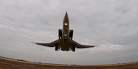 A long-range Tu-22M3 bomber of the Russian Aerospace Forces takes-off to patrol in the airspace of Belarus. (Photo | AP)