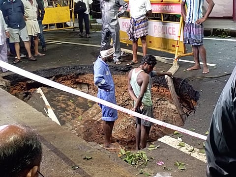 RK Mutt Road in Mandaveli caved in at two places on Thursday disrupting traffic (Photo | Express)