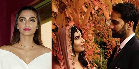 Actor Sonam Kapoor (L) and Malala with her husband Aseer Malik (R)