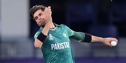 Pakistan's Shaheen Afridi bowls during the Cricket Twenty20 World Cup semi-final match between Pakistan and Australia in Dubai, UAE, Thursday, Nov. 11, 2021. (Photo | AP)