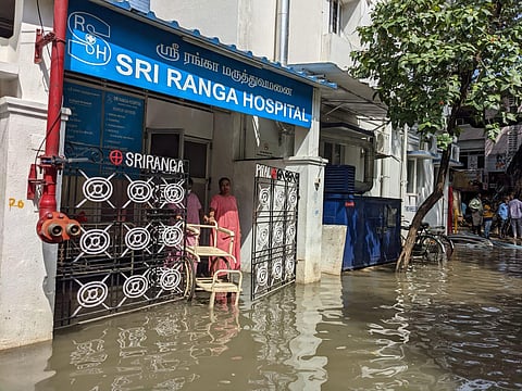 A flooded Thiruvalluvar Pet Street in Mylapore in Chennai on Friday (Express Photo | Debadatta Mallick)